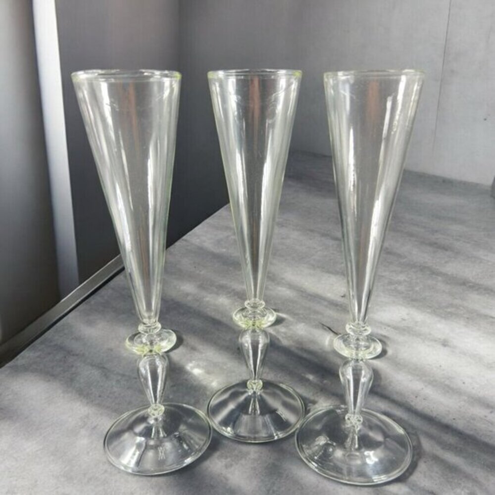 Venetian Clear Glass Champagne Flute Glasses Tall Elegant Delicate Italy Set 3‎